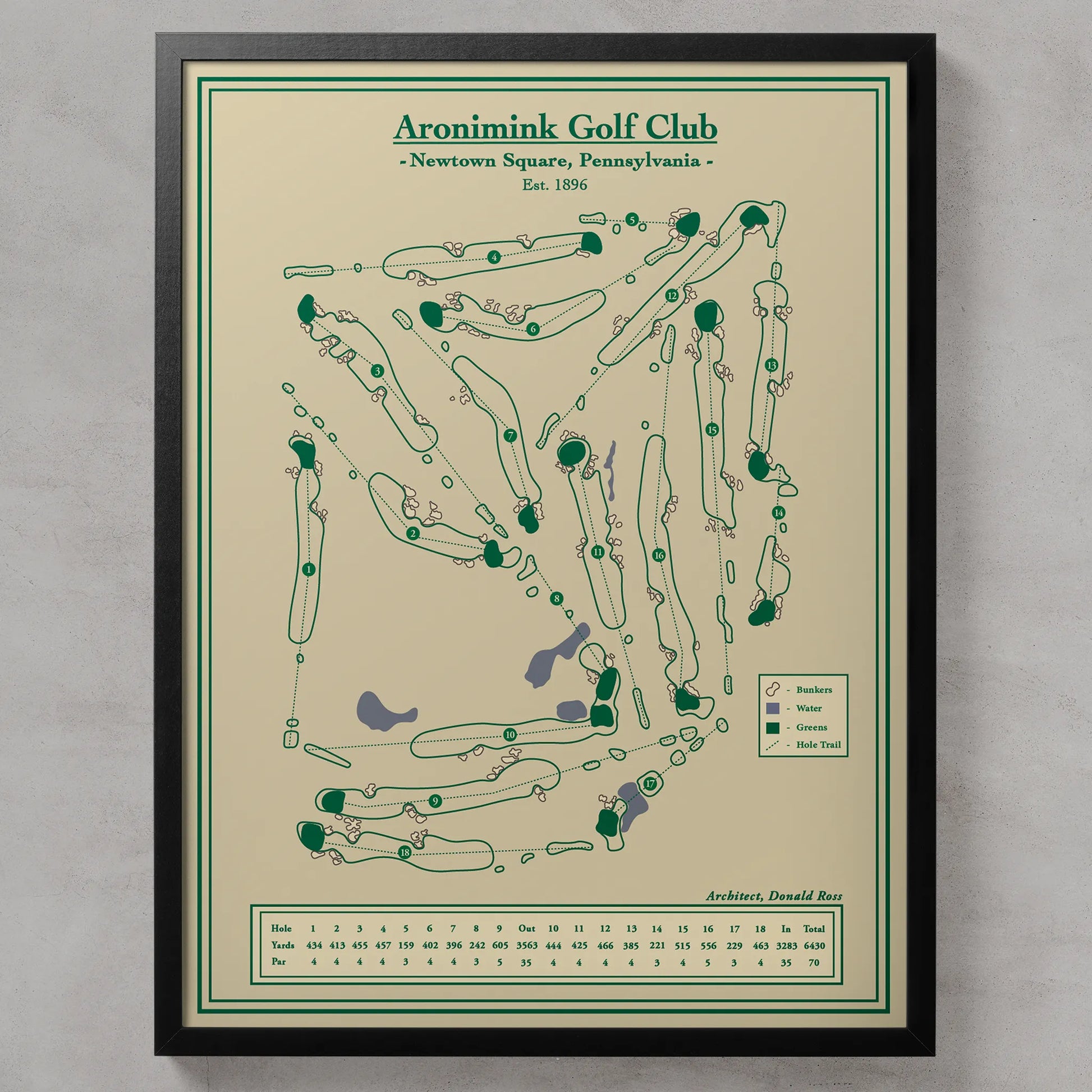 Framed course map of Aronimink Golf Club