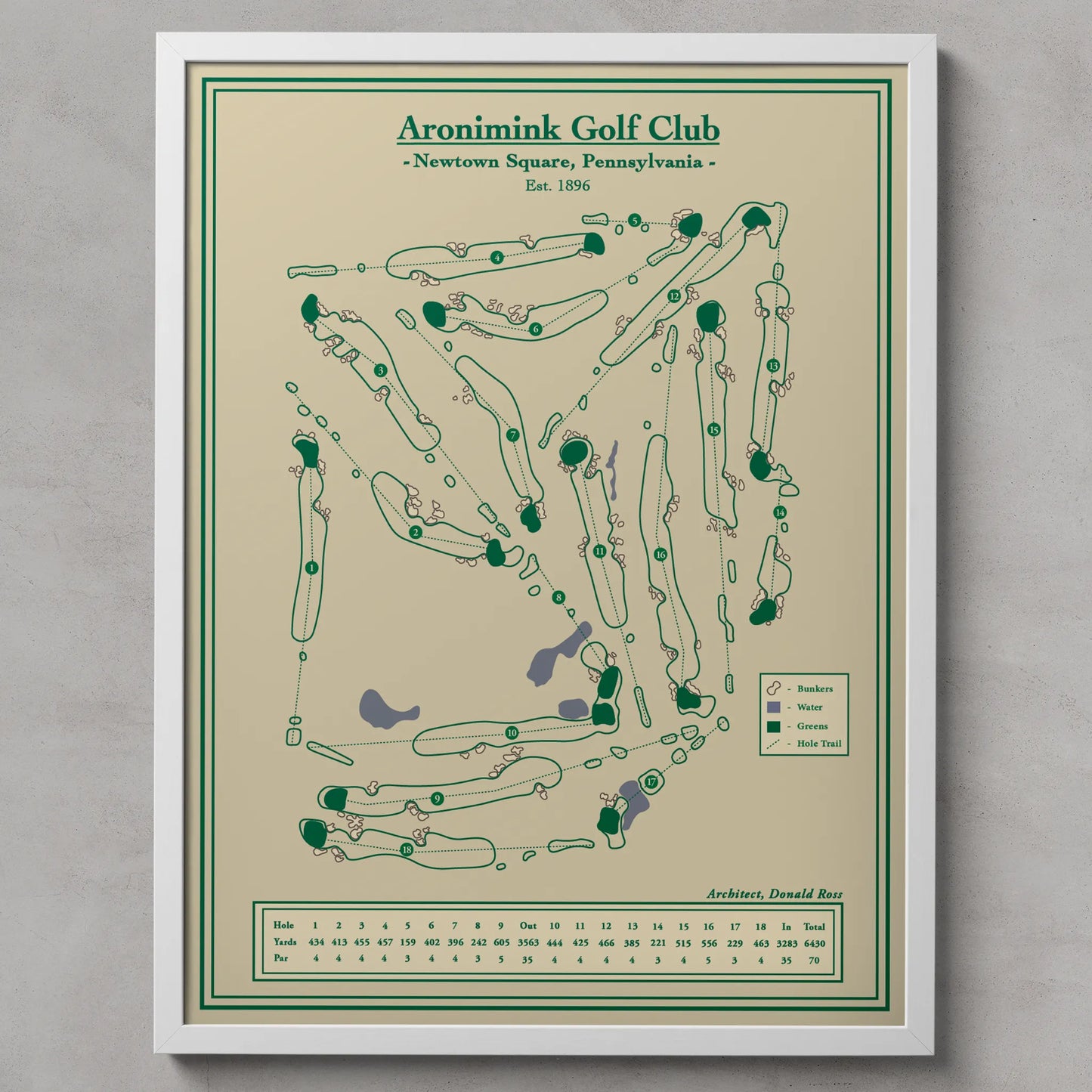Framed Aronimink Golf Club map on a gray background