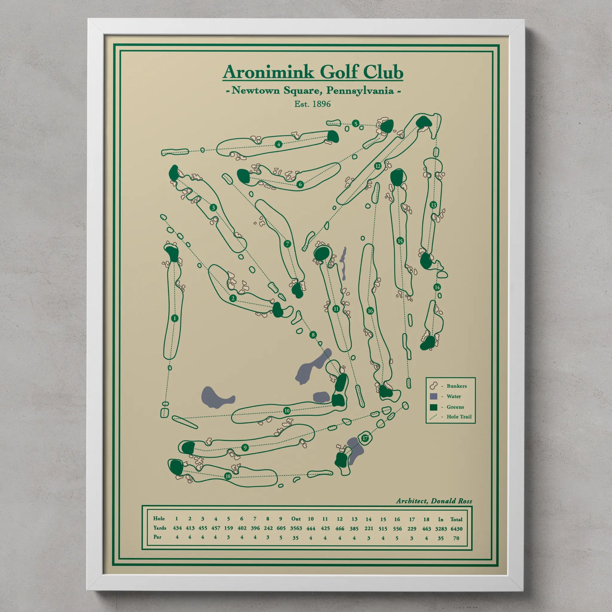 Framed Aronimink Golf Club map on a gray background