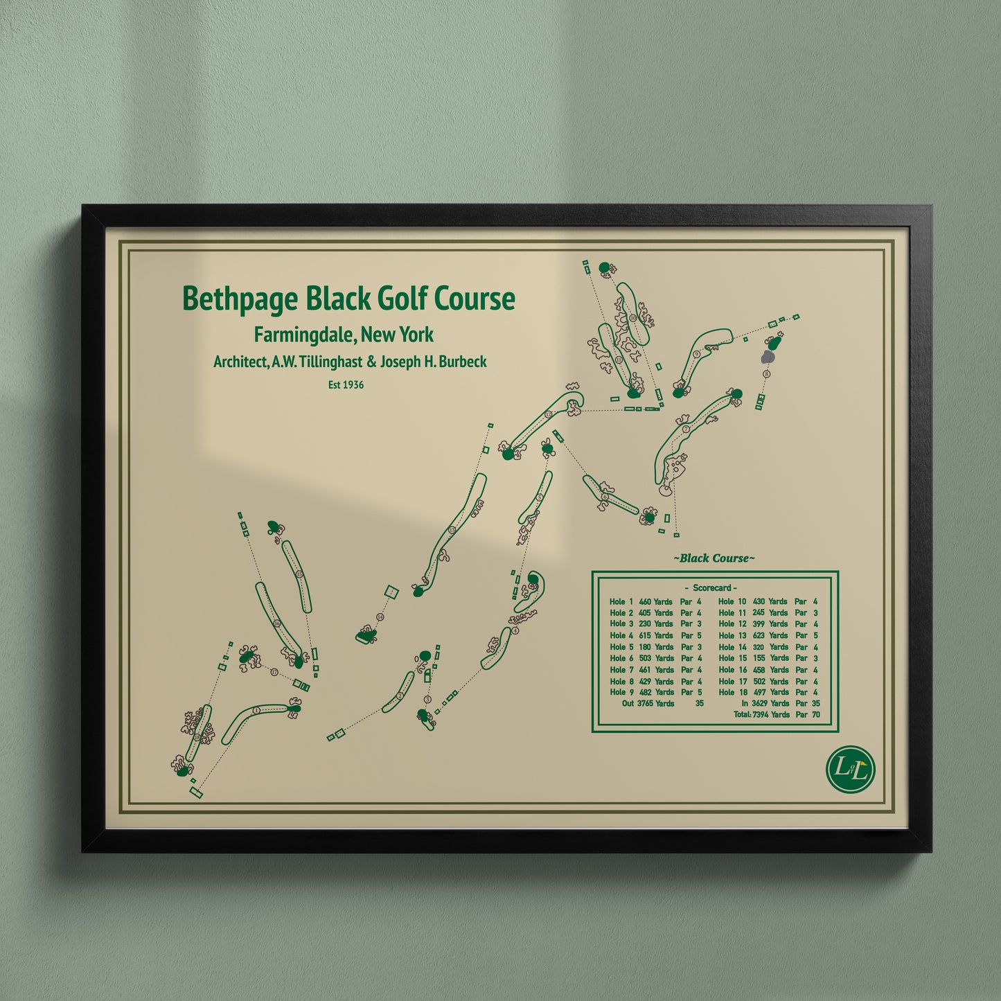 Bethpage Black Golf Course Map Print - Blueprint Series - Black Frame