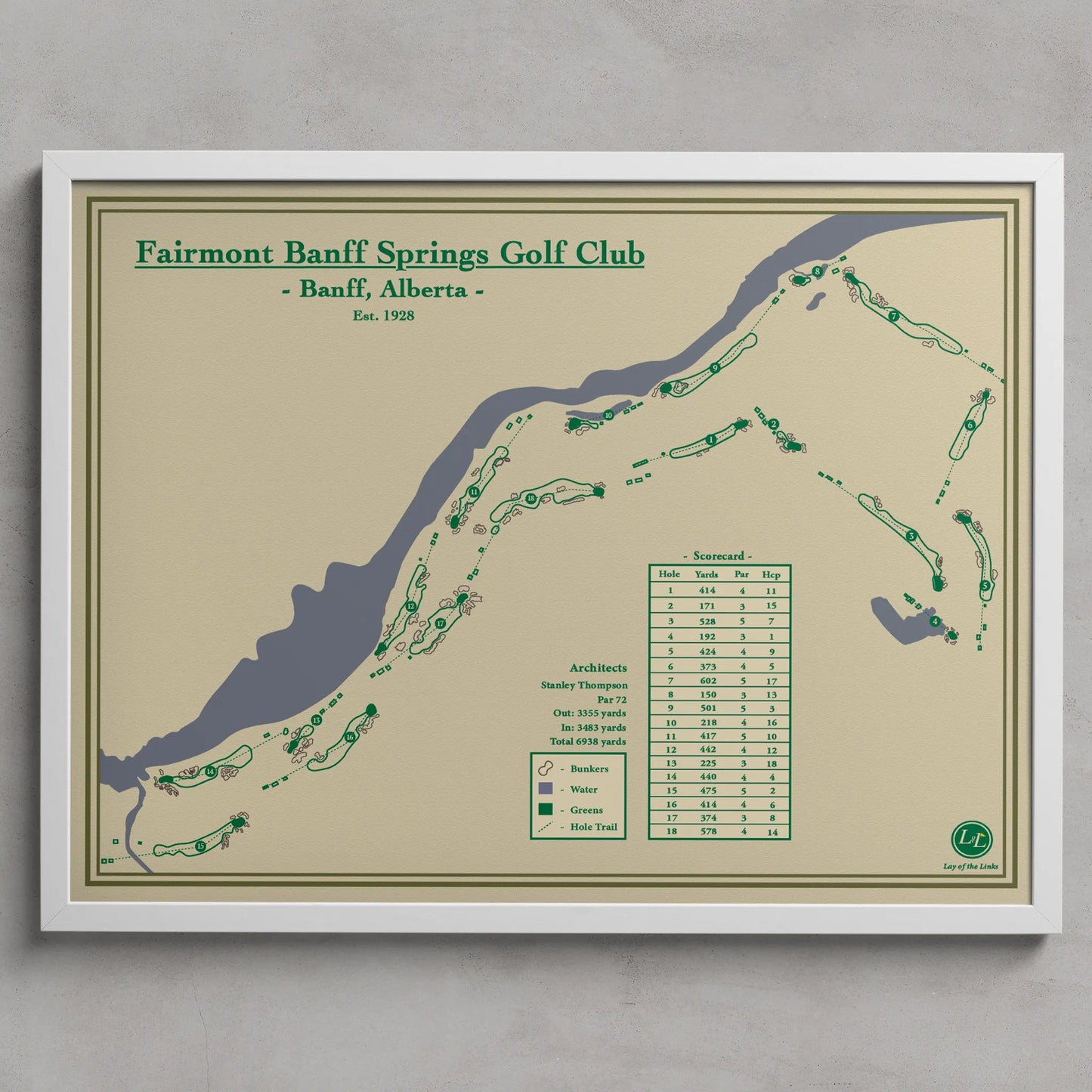 Framed map of Fairmont Banff Springs Golf Club with green text and details on a beige background.