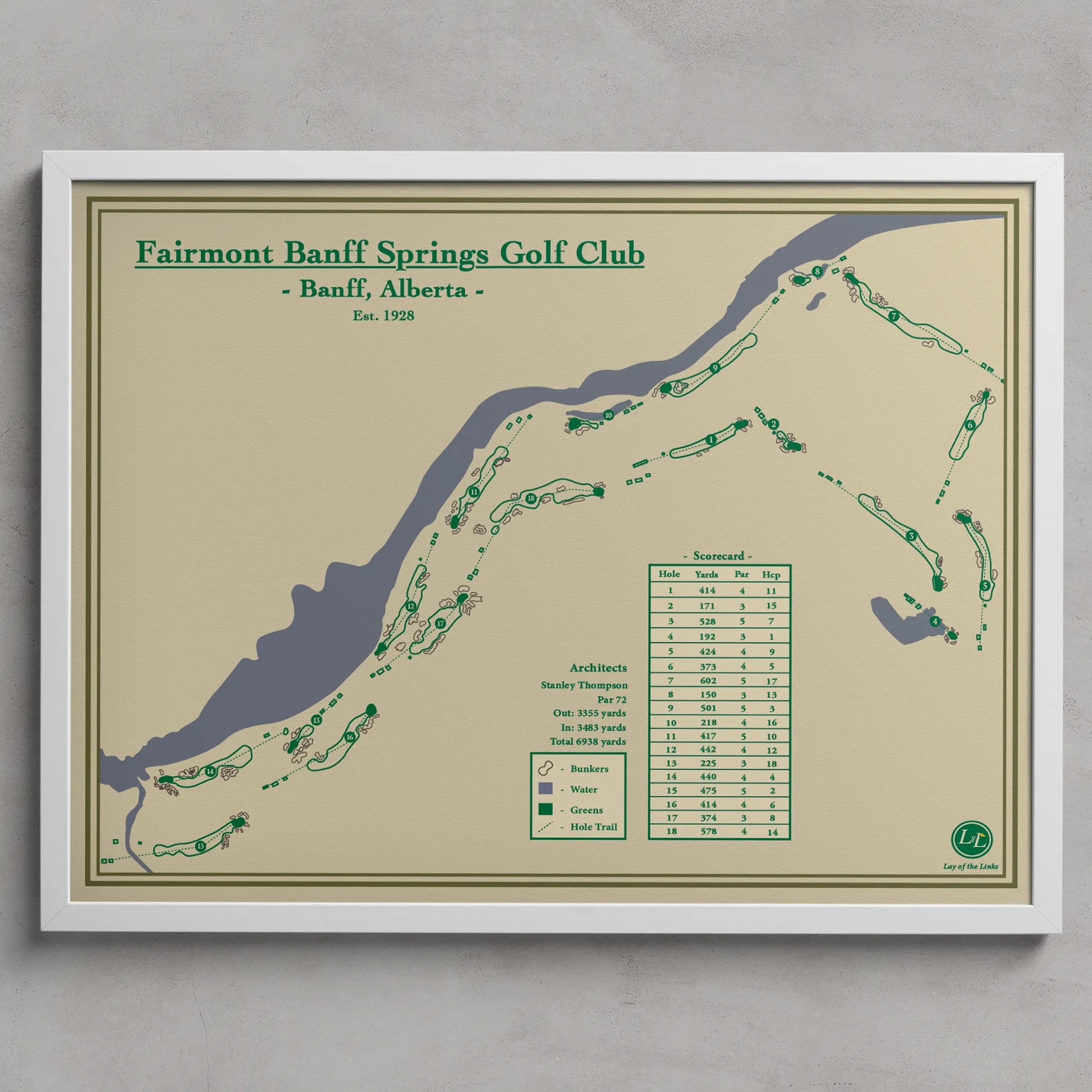 Framed map of Fairmont Banff Springs Golf Club with green text and details on a beige background.