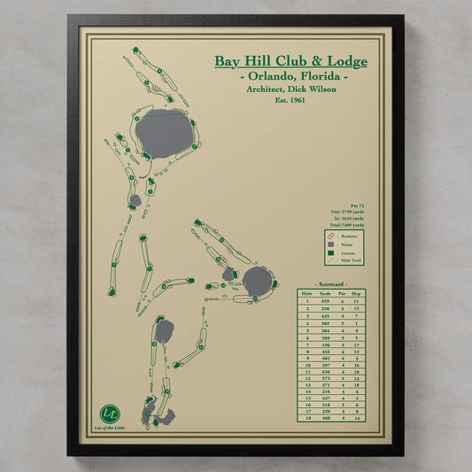 Framed course map of Bay Hill Club & Lodge in Orlando, Florida on a beige background