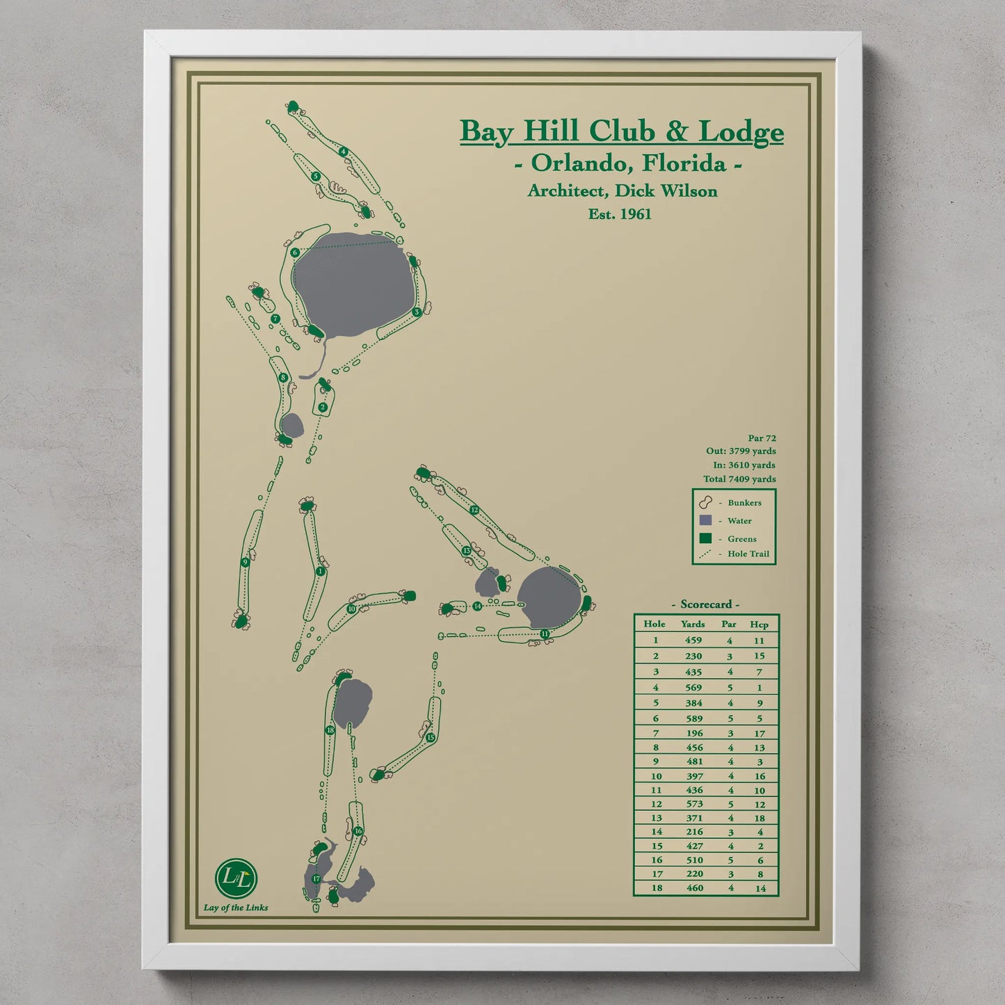 Framed golf course map of Bay Hill Club & Lodge in Orlando, Florida.