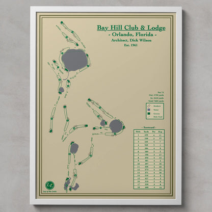 Framed golf course map of Bay Hill Club & Lodge in Orlando, Florida.