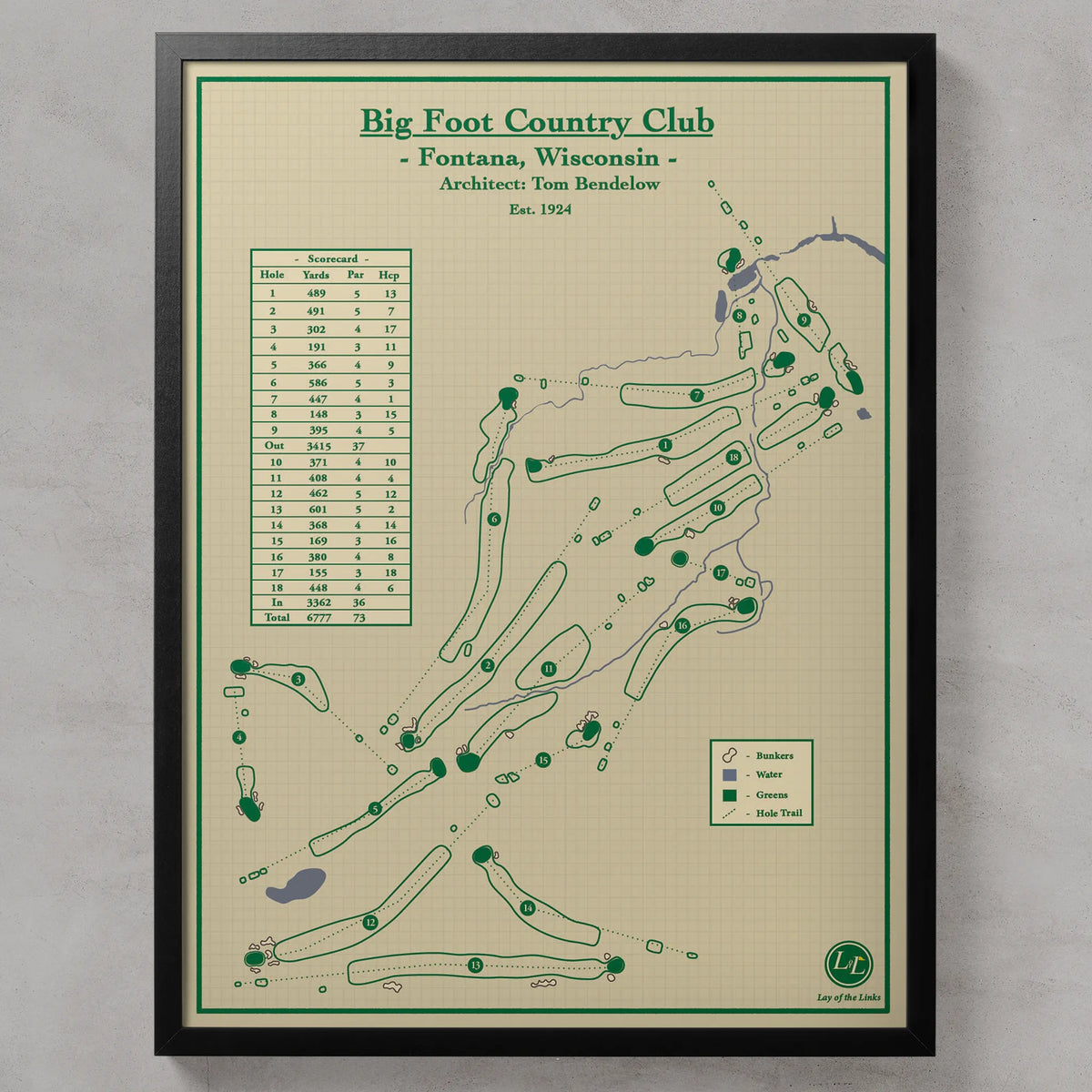 Big Foot Country Club Course Map Print in Fontana Wisconsin.