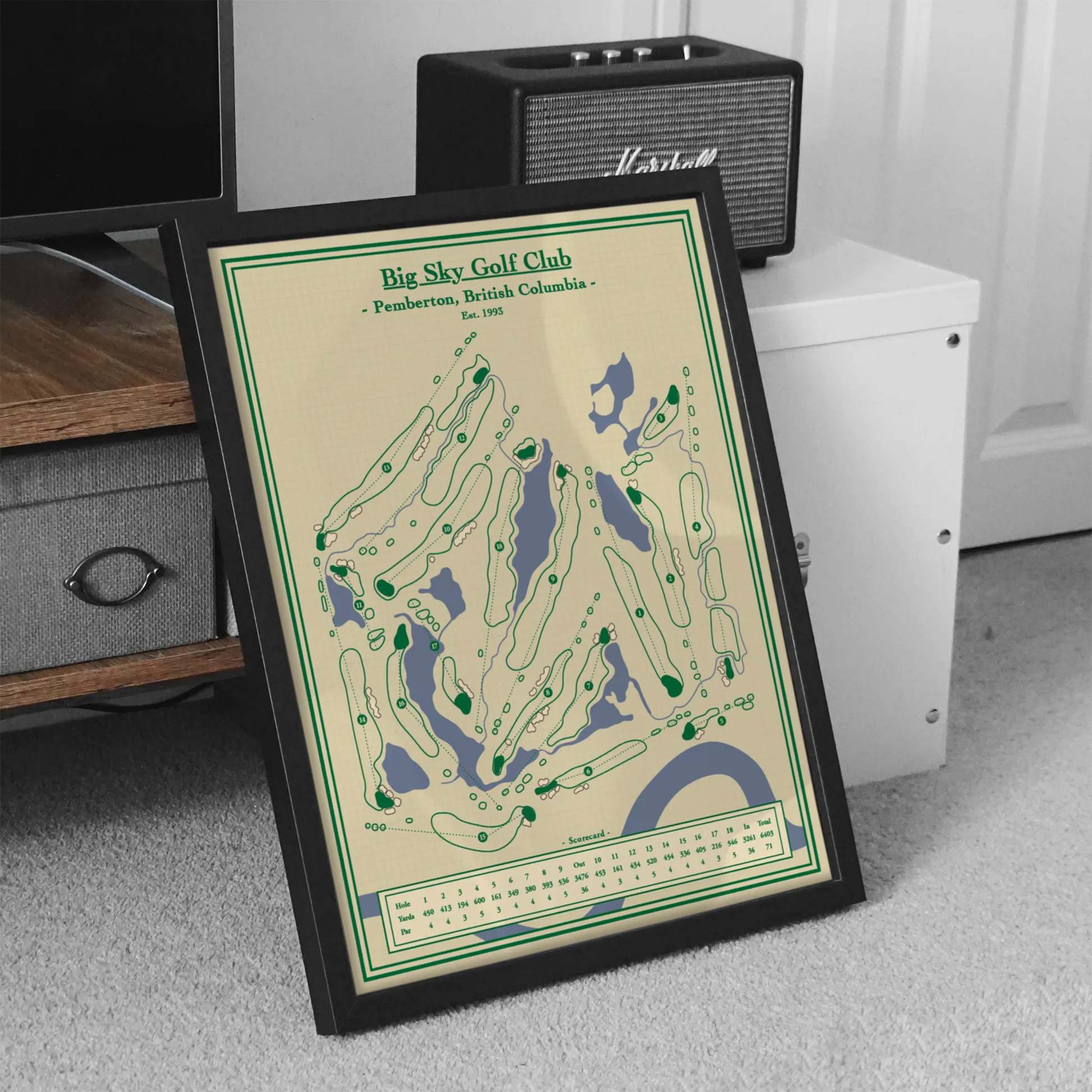 A framed golf map print titled "Big Sky Golf Club" in BC, Canada