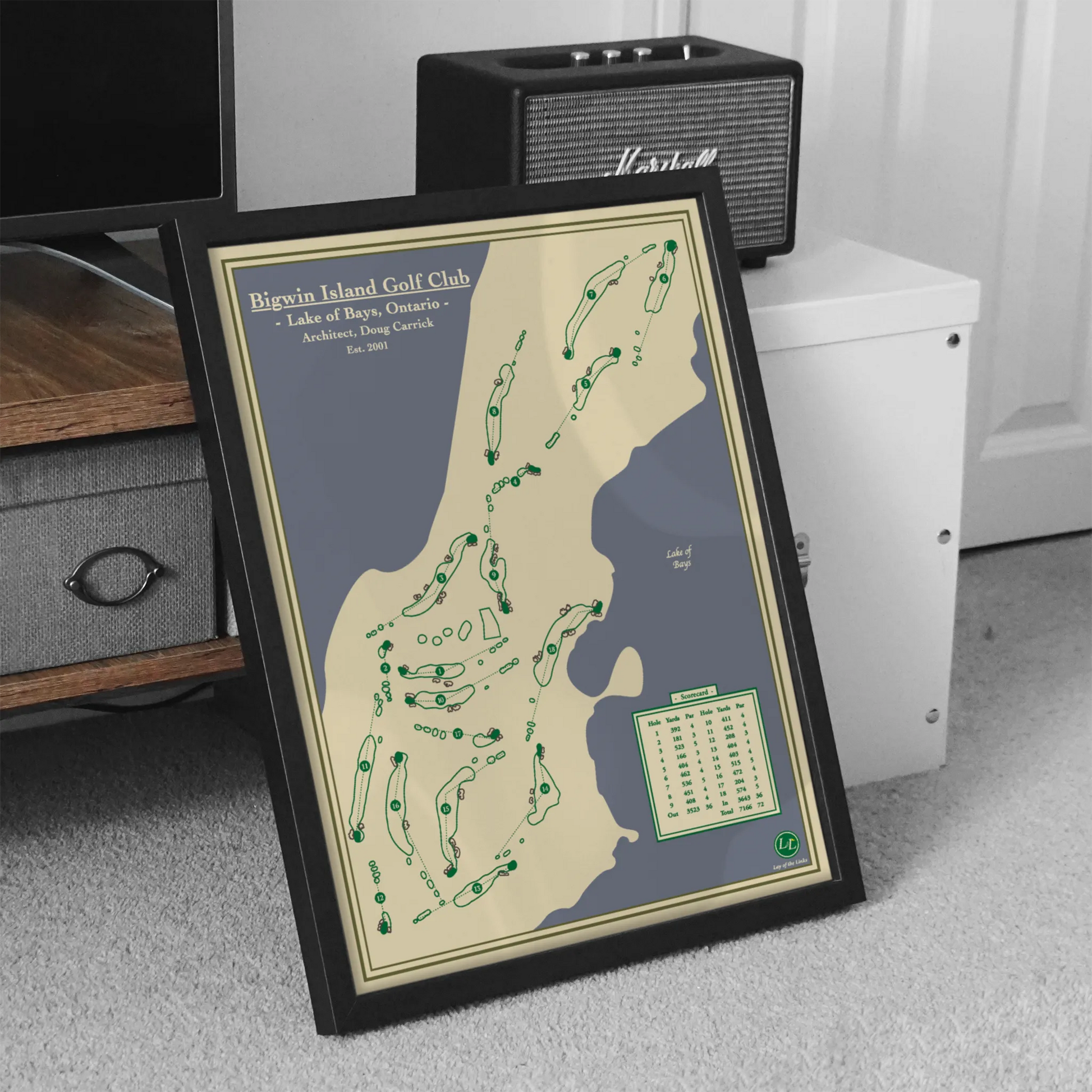 Framed course map of Bigwin Island Golf Club designed by Lay of the Links