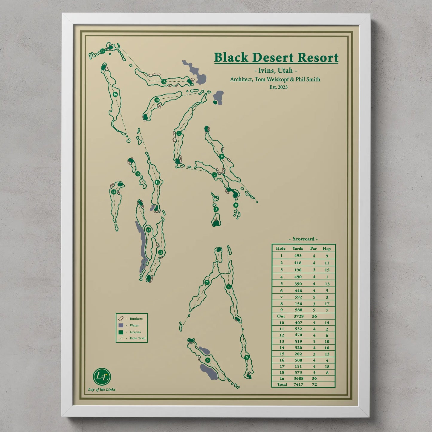 Framed map of Black Desert Resort in Ivins, Utah on a beige background