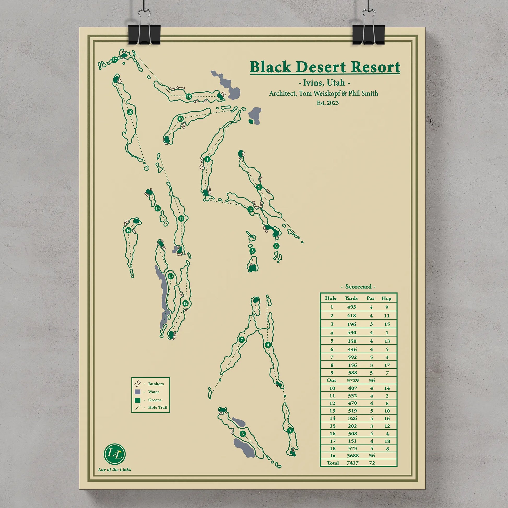Golf course map of Black Desert Resort in Irvins, Utah, on a beige background.