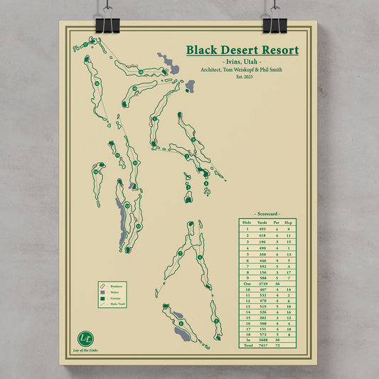 Golf course map of Black Desert Resort in Irvins, Utah, on a beige background.