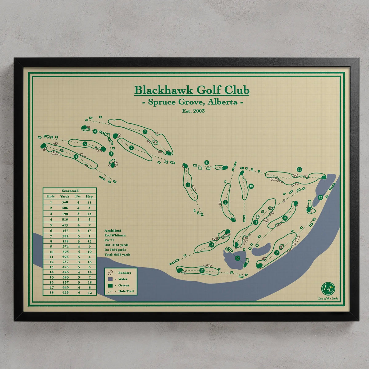 A framed vintage-style golf course map for Blackhawk Golf Club, Spruce Grove, Alberta, featuring green tee and bunker shapes, a course index, and a black frame against a light gray wall.