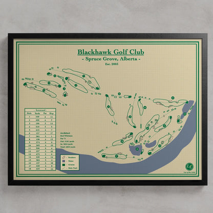 A framed vintage-style golf course map for Blackhawk Golf Club, Spruce Grove, Alberta, featuring green tee and bunker shapes, a course index, and a black frame against a light gray wall.