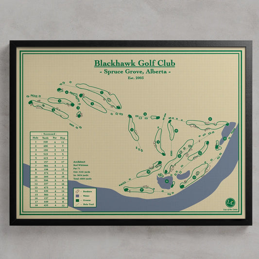 A framed vintage-style golf course map for Blackhawk Golf Club, Spruce Grove, Alberta, featuring green tee and bunker shapes, a course index, and a black frame against a light gray wall.