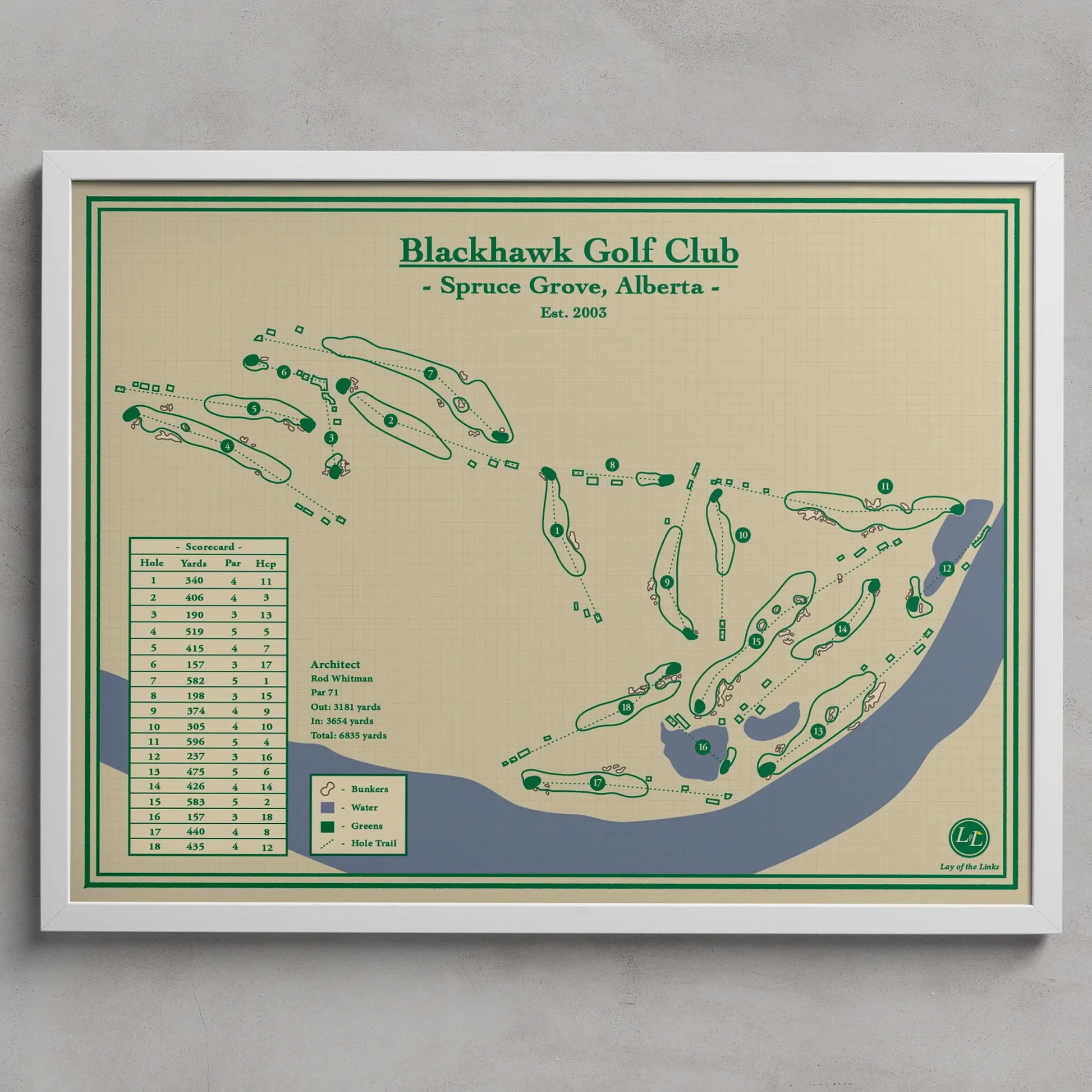 Blackhawk Golf Club Map Print located in Spruce Grove, Alberta. Golf Wall Art featuring green course layouts and a pars list on a beige background.