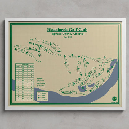 Blackhawk Golf Club Map Print located in Spruce Grove, Alberta. Golf Wall Art featuring green course layouts and a pars list on a beige background.