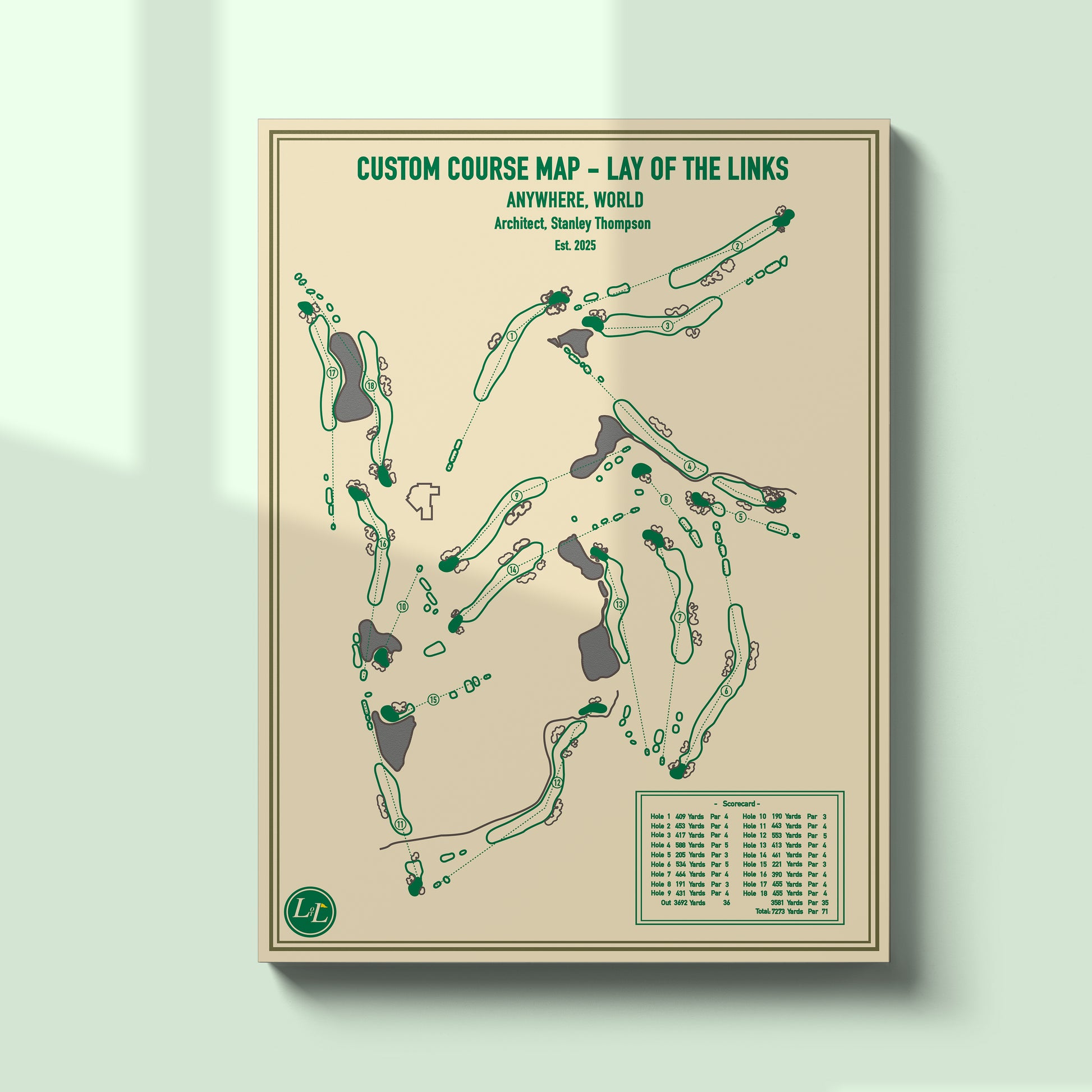 Unframed custom golf course map by lay of the links - blueprint series