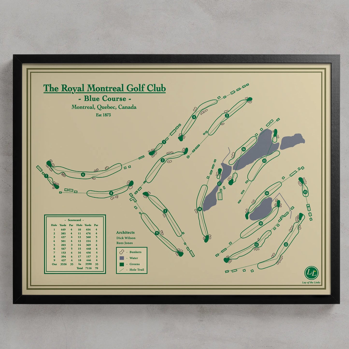 Framed Royal Montreal Blue Course map in a black wood frame showing the Rees Jones design and water-heavy back nine.