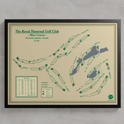 Framed Royal Montreal Blue Course map in a black wood frame showing the Rees Jones design and water-heavy back nine.
