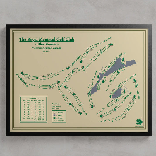 Framed Royal Montreal Blue Course map in a black wood frame showing the Rees Jones design and water-heavy back nine.