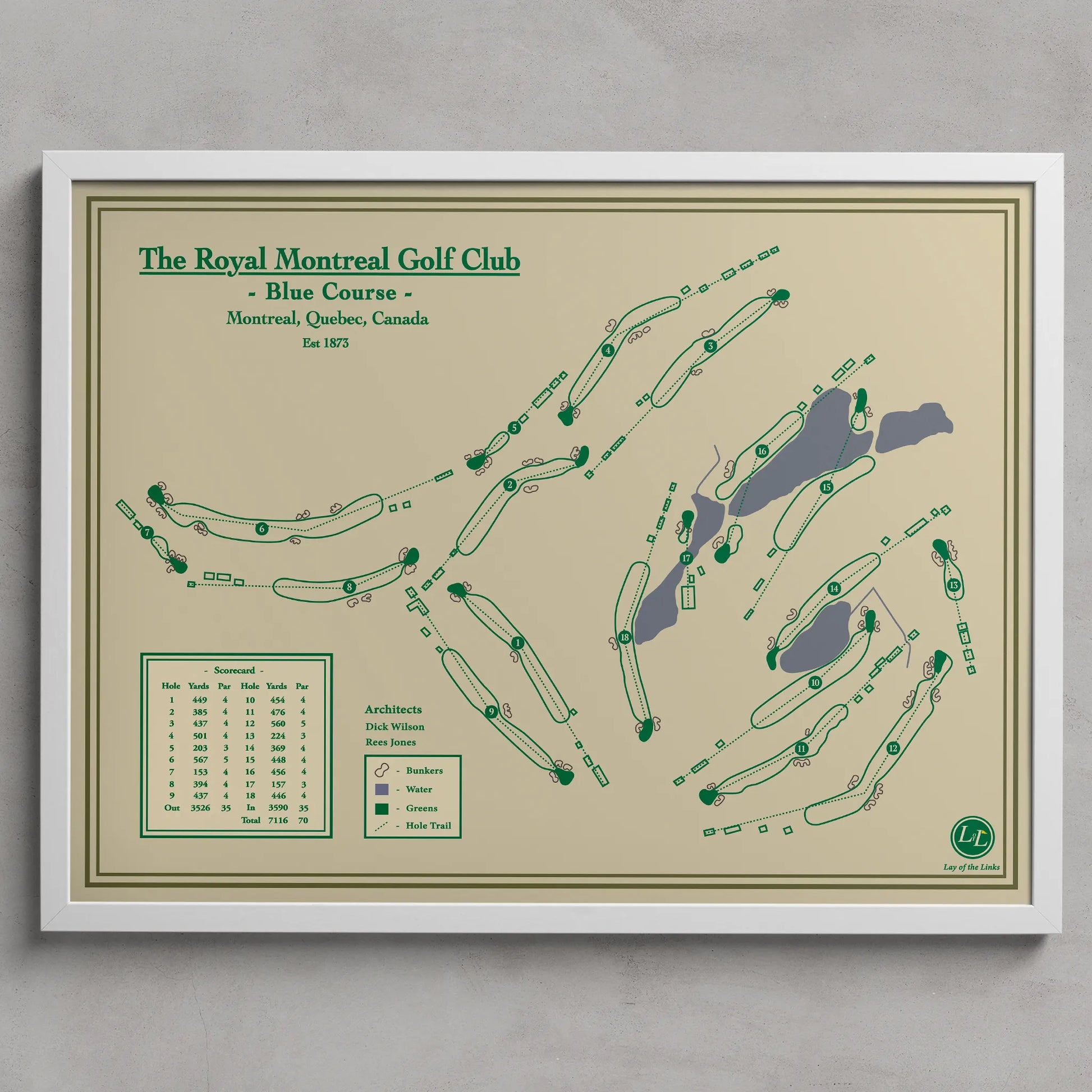 Royal Montreal Blue Course map print in a white frame, featuring the historic Presidents Cup venue in Quebec.