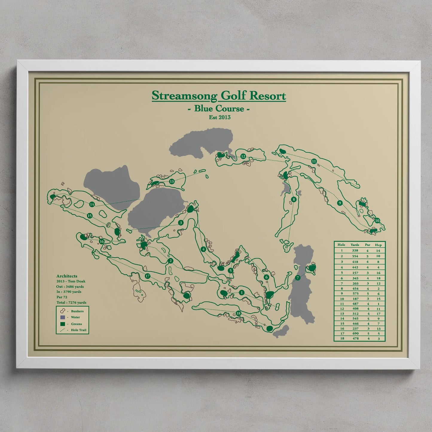 Framed map of Streamsong Golf Resort's Blue Course on a beige background