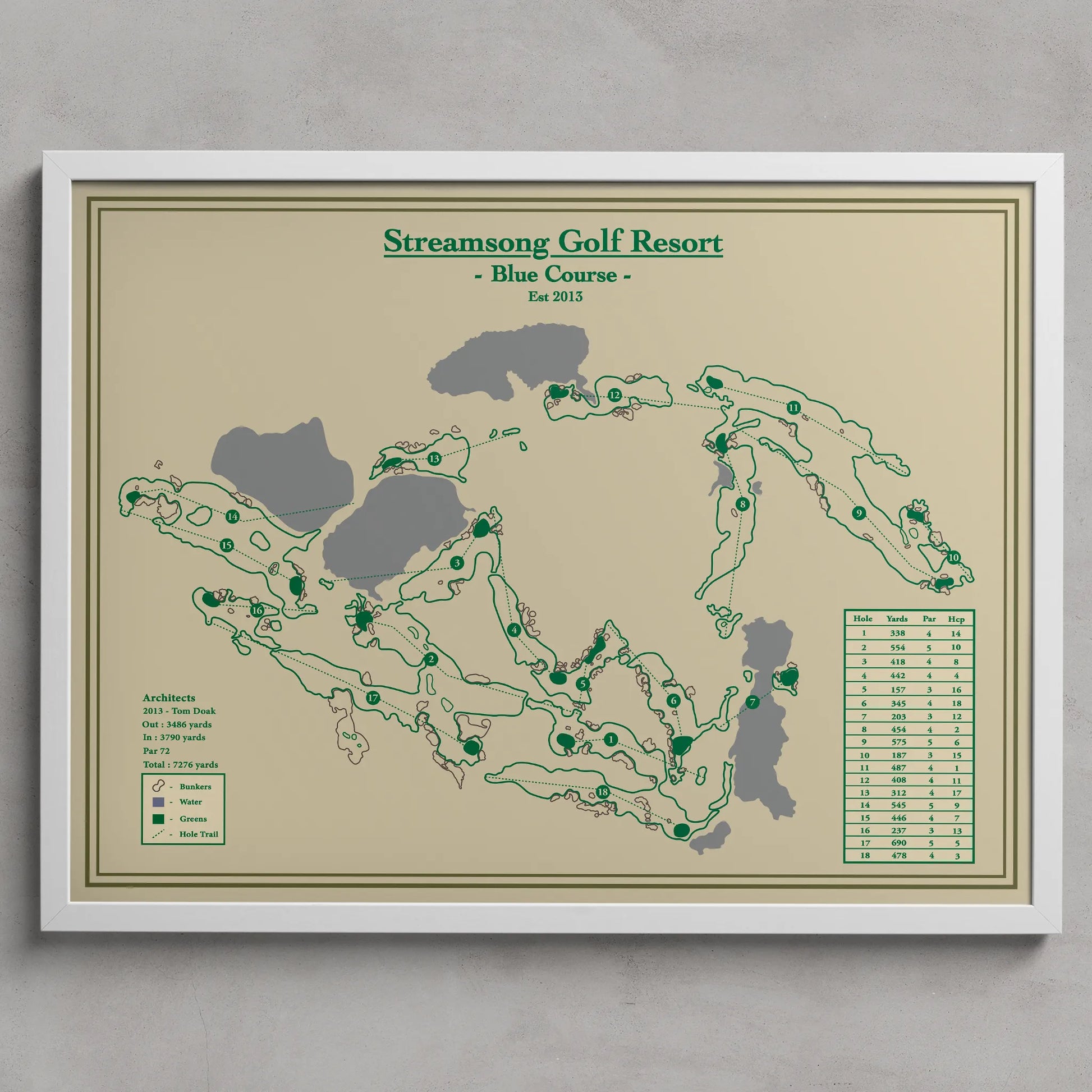 Framed map of Streamsong Golf Resort's Blue Course on a beige background