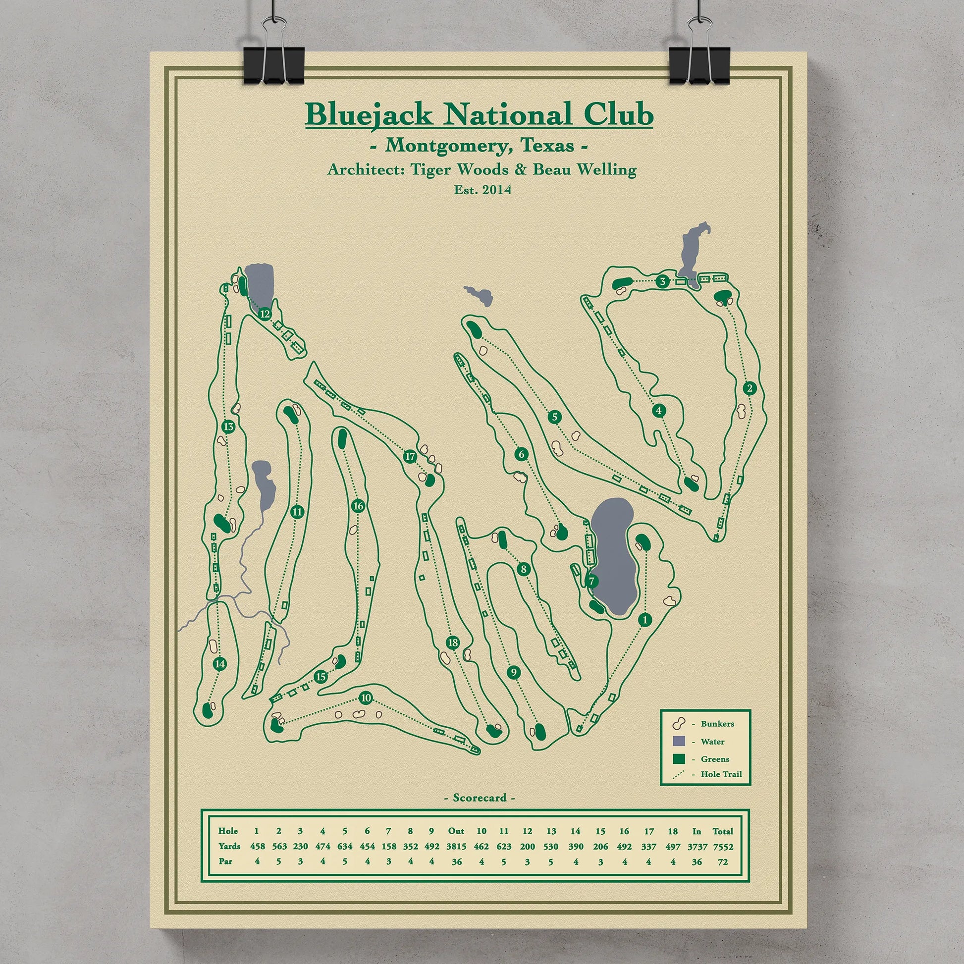 Bluejack National course map poster print showing the rolling topography and pristine Augusta-like aesthetic.