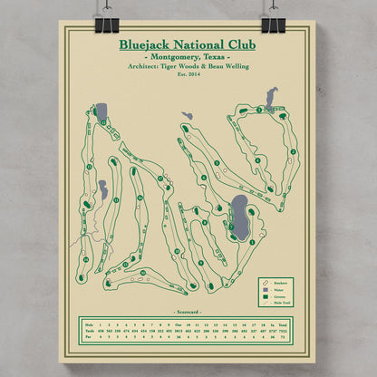 Bluejack National course map poster print showing the rolling topography and pristine Augusta-like aesthetic.