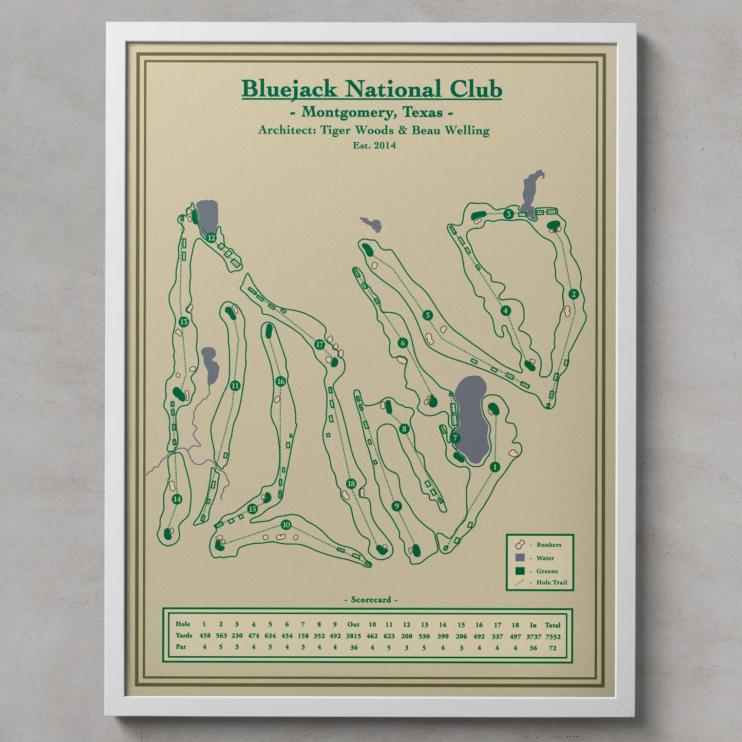 Framed golf course map of Bluejack National Club on a beige background