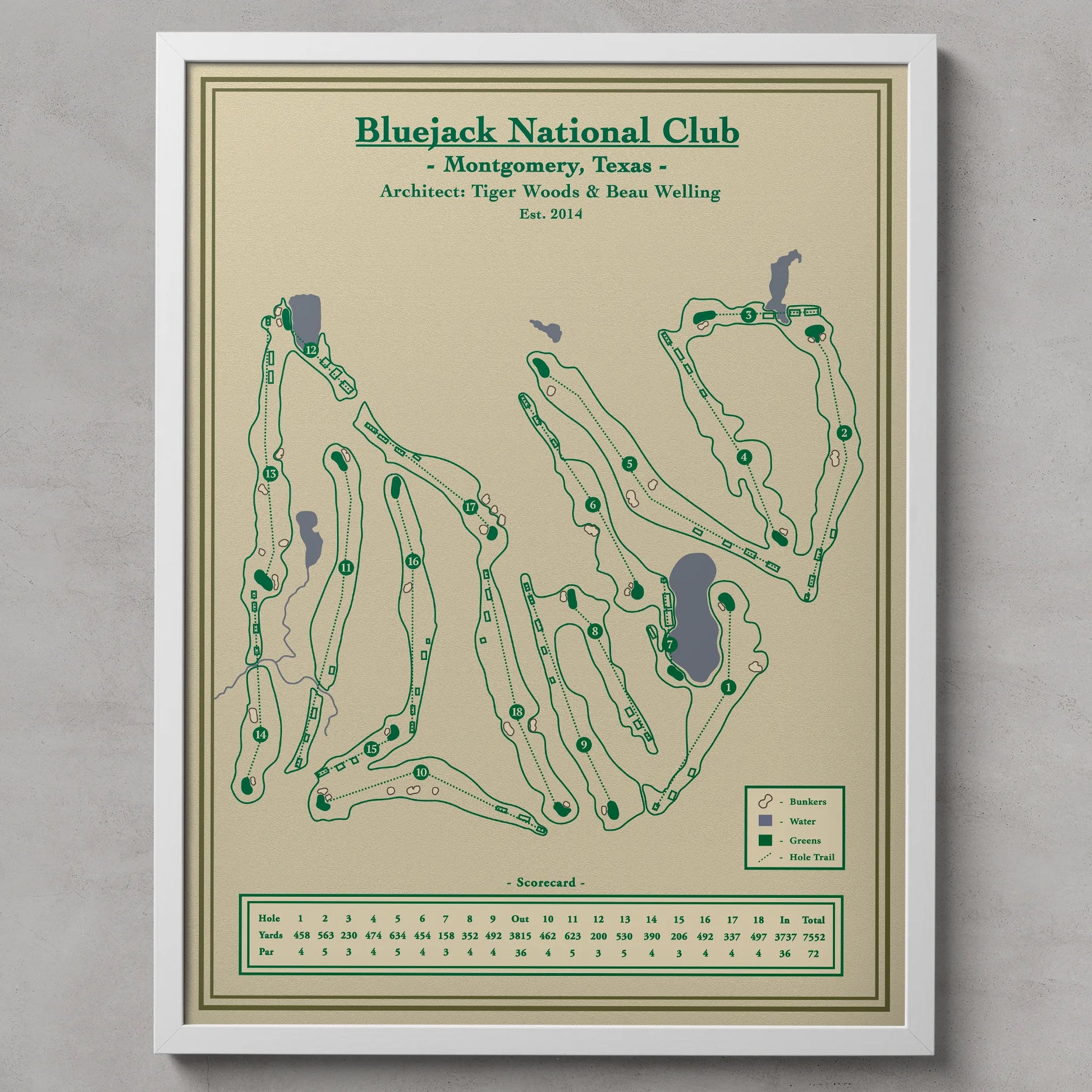 Framed golf course map of Bluejack National Club on a beige background