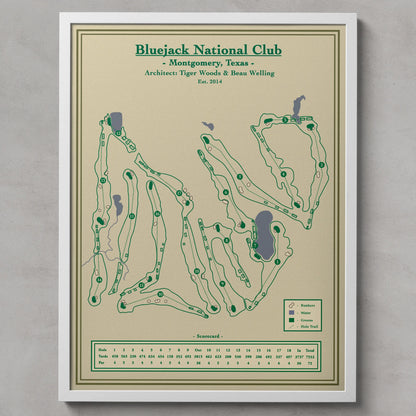 Framed golf course map of Bluejack National Club on a beige background