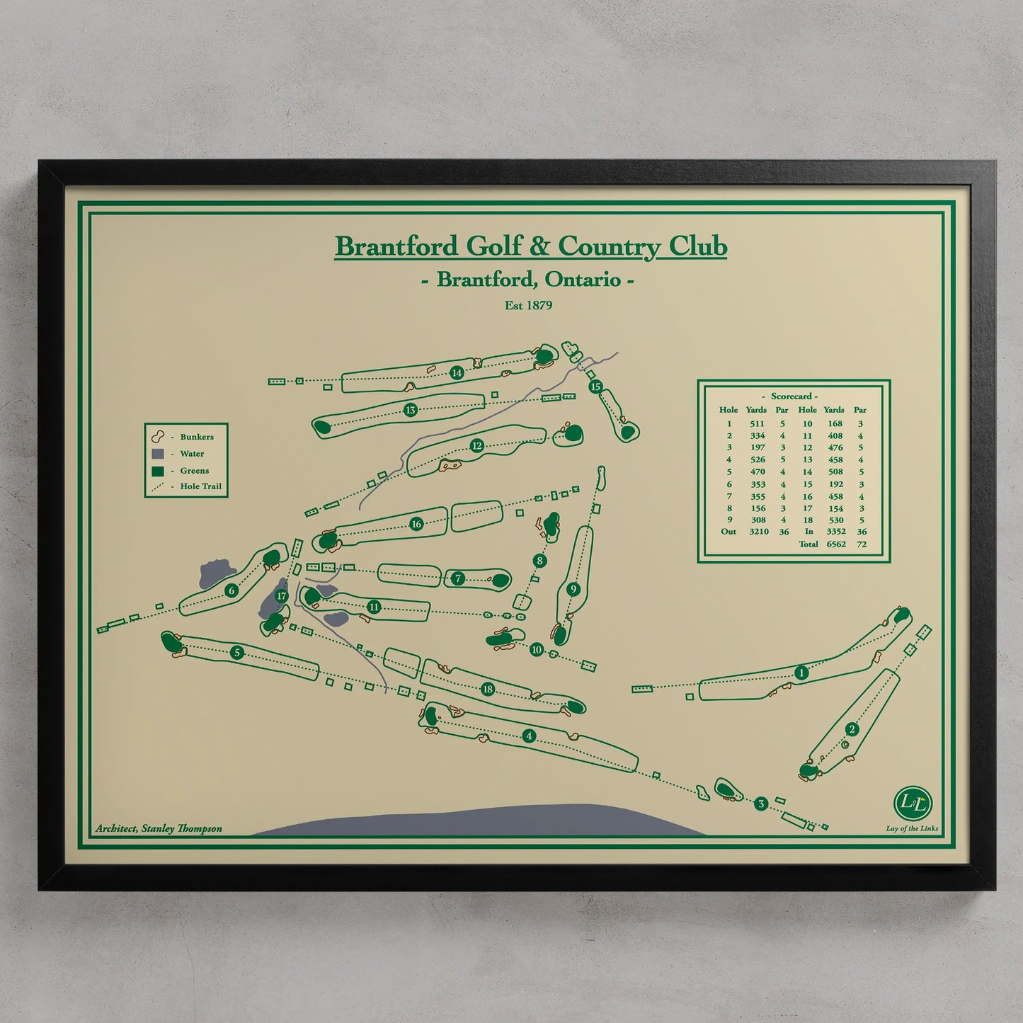 Framed course map of Brantford Golf & Country Club on a beige background