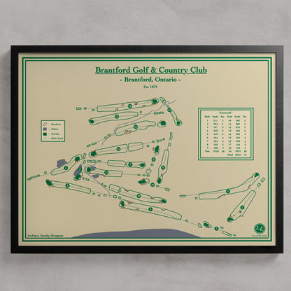 Framed course map of Brantford Golf & Country Club on a beige background