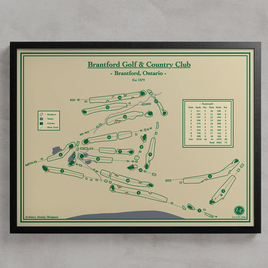 Framed course map of Brantford Golf & Country Club on a beige background