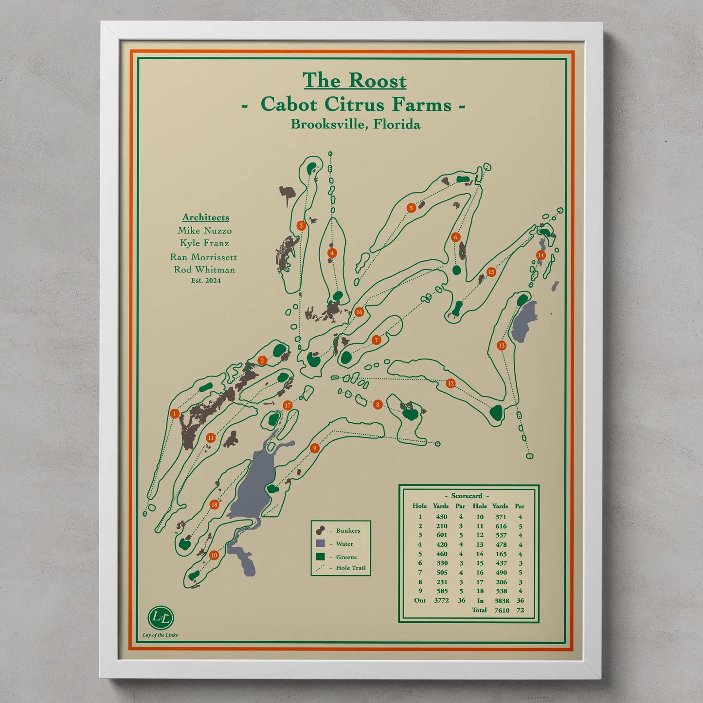 Framed golf course map titled 'The Roost' at Cabot Citrus Farms, Brooksville, Florida.