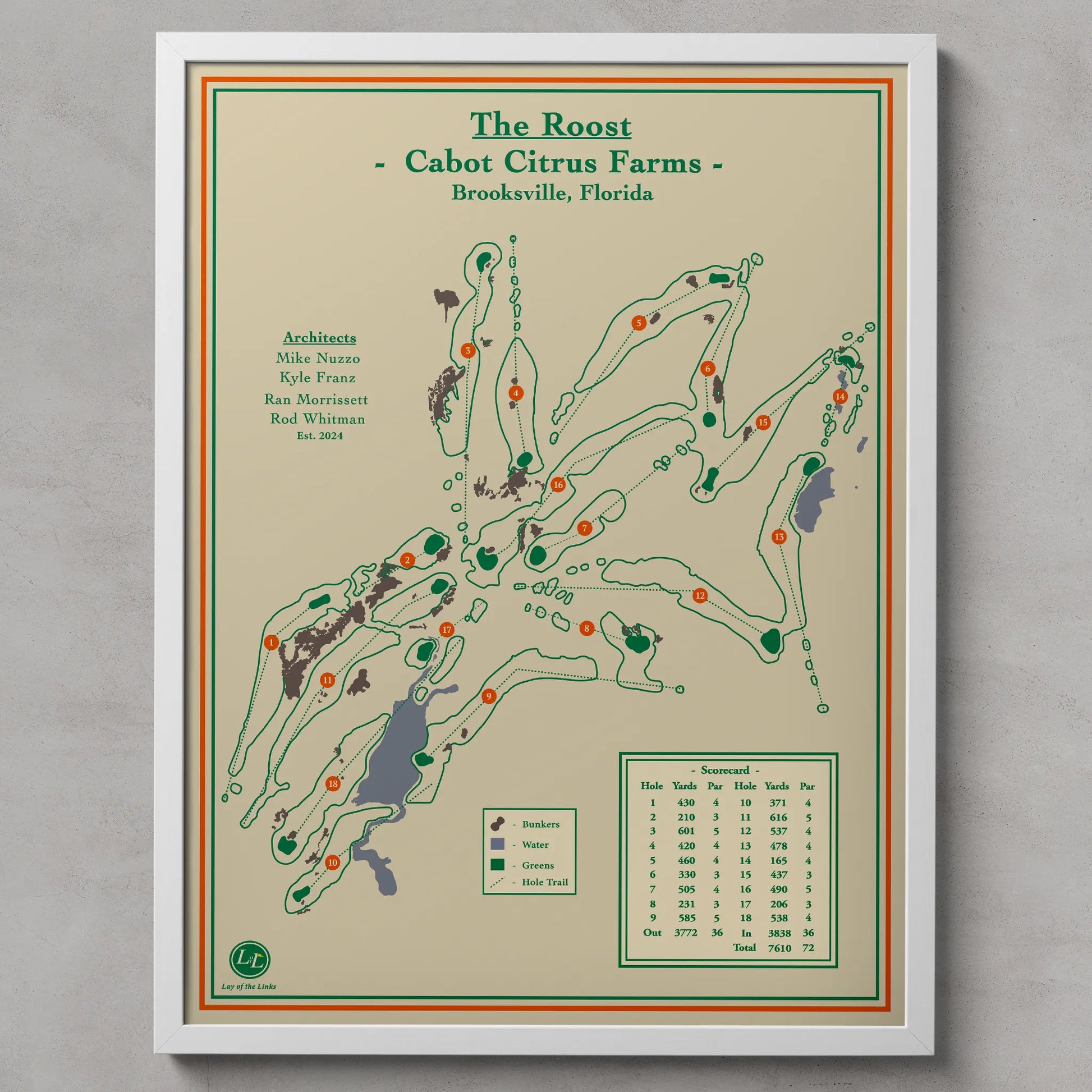 Framed golf course map titled 'The Roost' at Cabot Citrus Farms, Brooksville, Florida.
