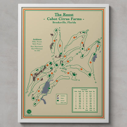Framed golf course map titled 'The Roost' at Cabot Citrus Farms, Brooksville, Florida.