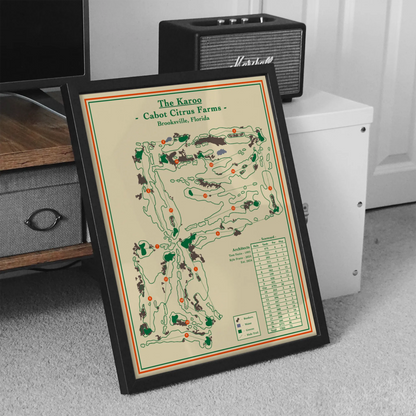 Framed map of Cabot Citrus Farms on a carpeted floor with a Marshall amplifier in the background.