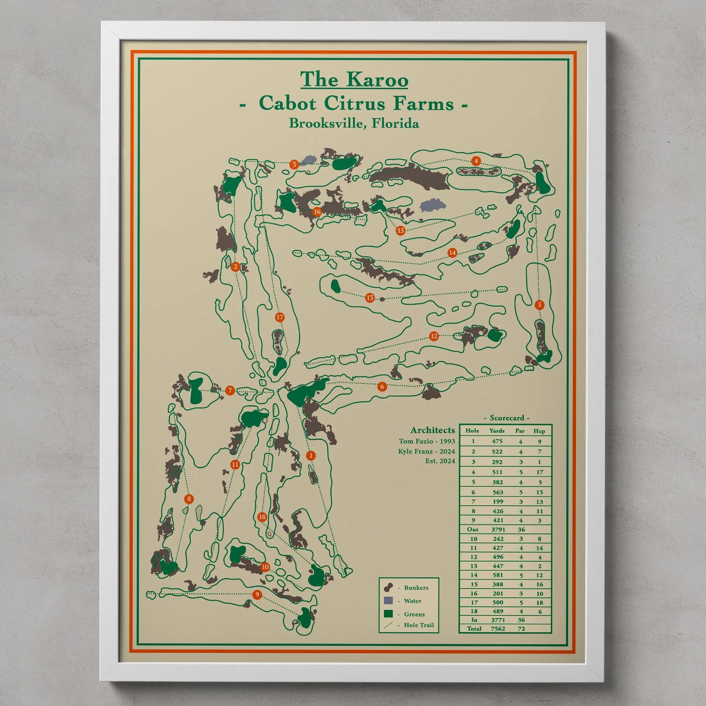 Framed map of Cabot Citrus Farms in Brooksville, Florida on a beige background