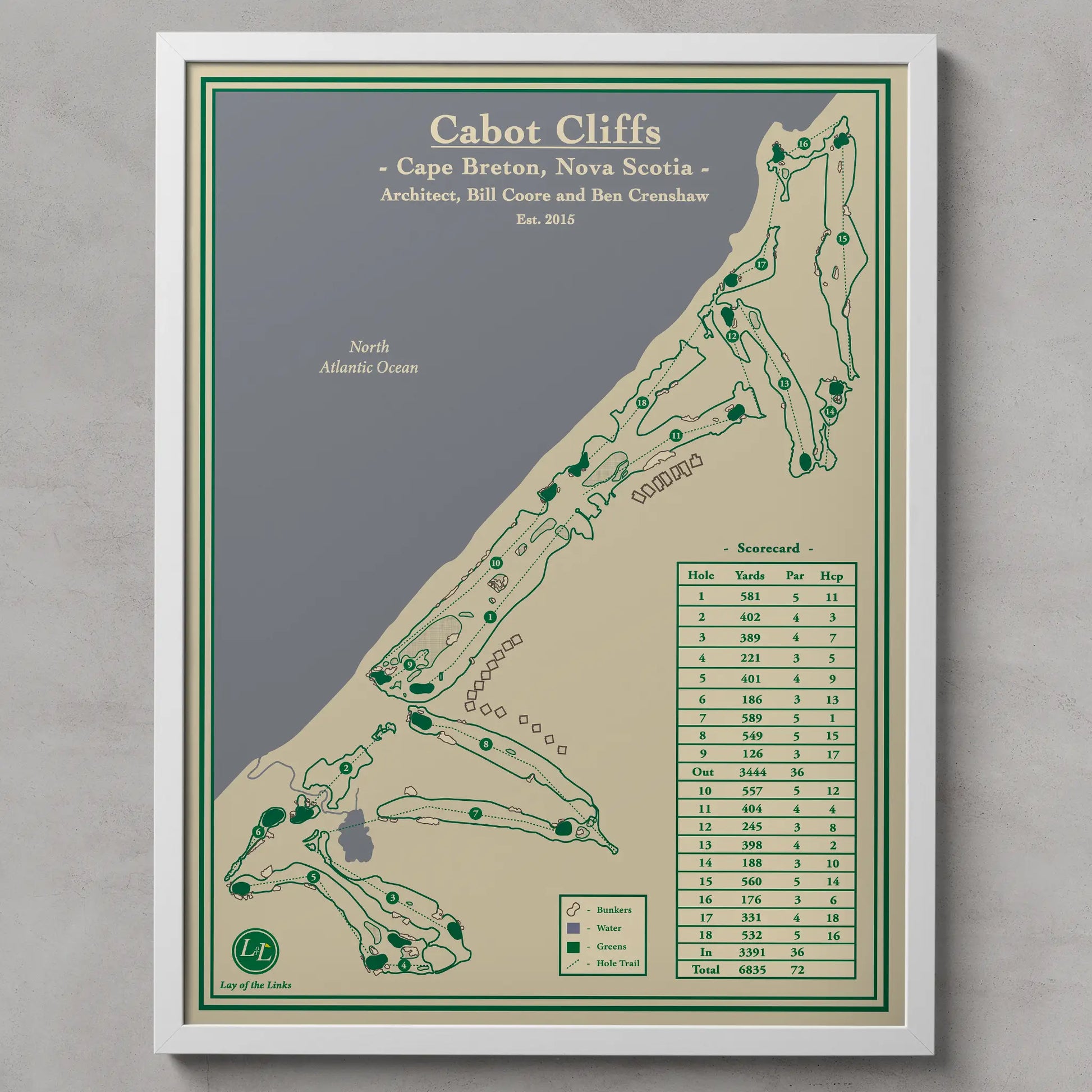 Framed map of Cabot Cliffs golf course in Cape Breton, Nova Scotia on a gray background