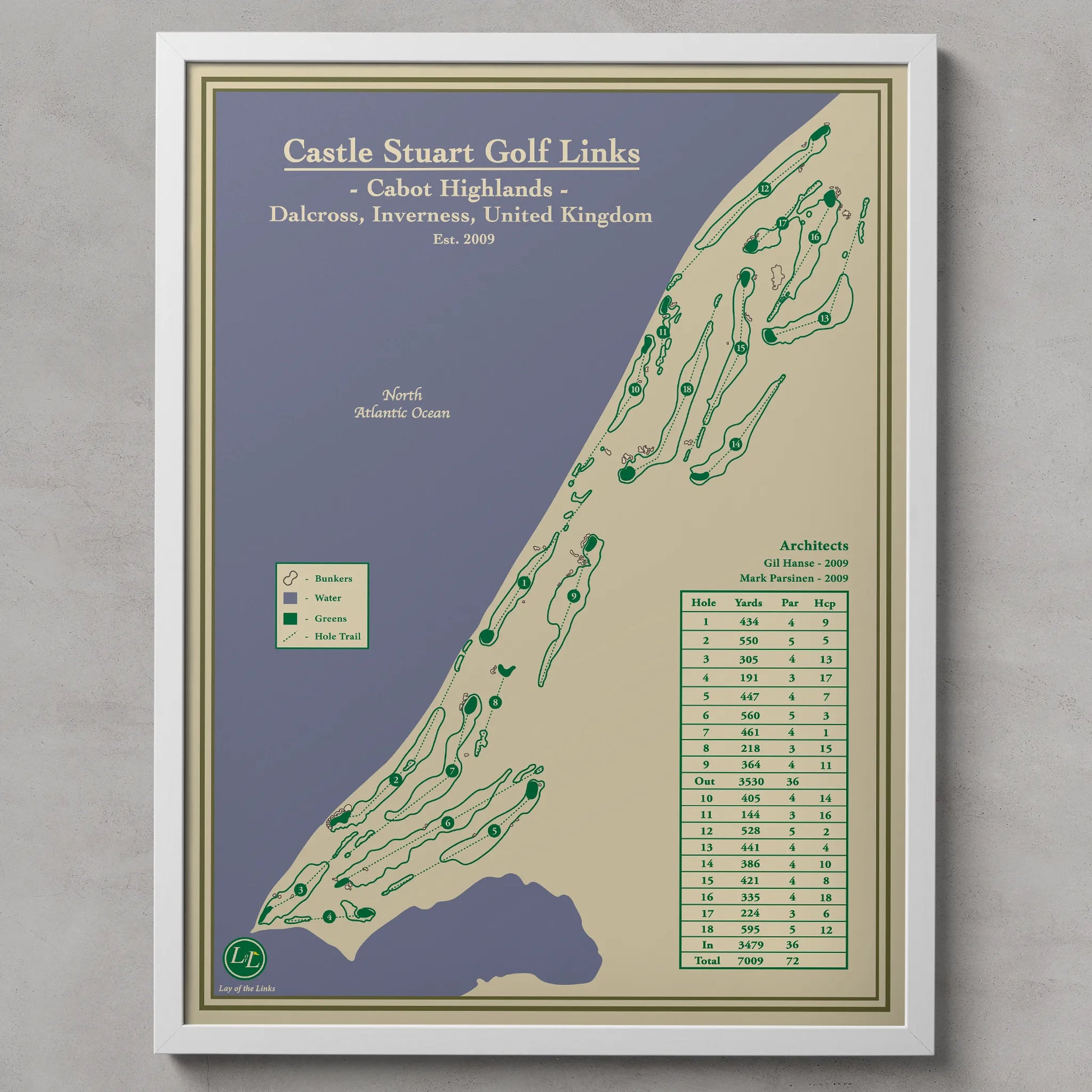 Framed map of Castle Stuart Golf Links designed by Lay of the Links