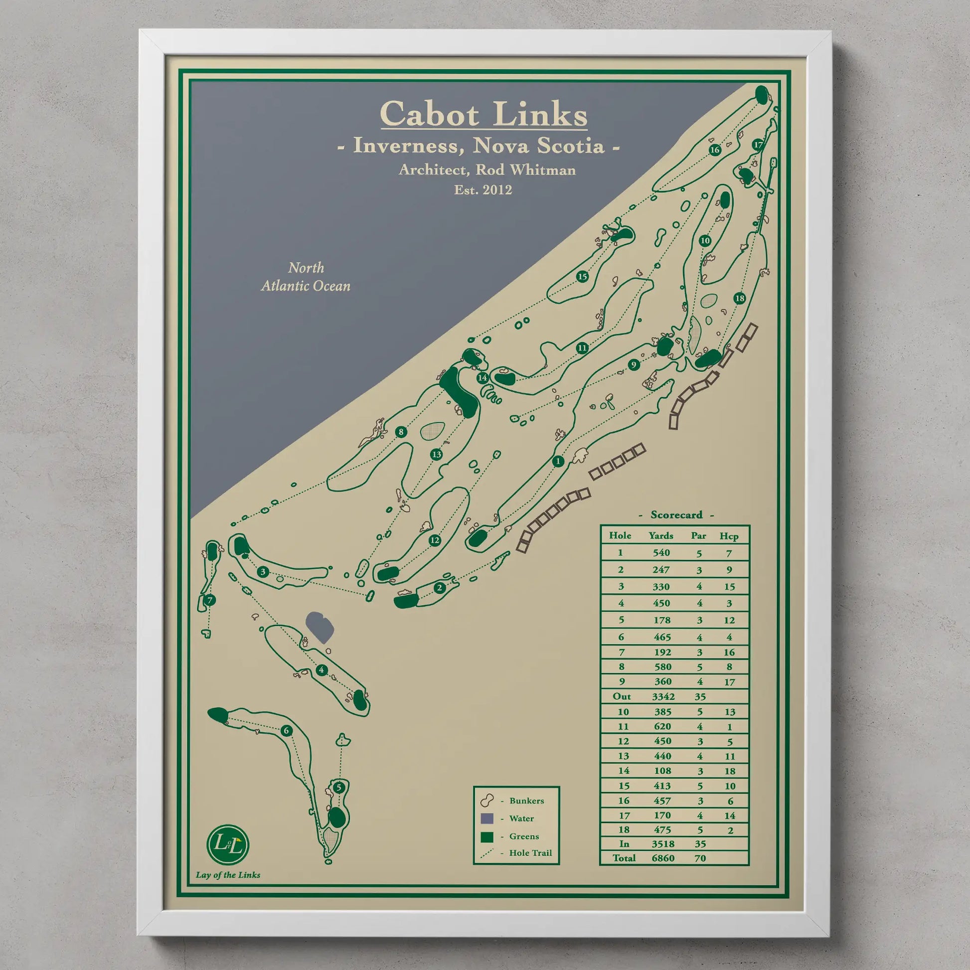 Framed map of Cabot Links golf course in Inverness, Nova Scotia on a gray background