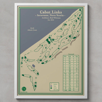 Framed map of Cabot Links golf course in Inverness, Nova Scotia on a gray background