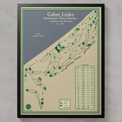 Framed map of Cabot Links golf course in Inverness, Nova Scotia on a gray background