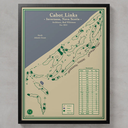 Framed map of Cabot Links golf course in Inverness, Nova Scotia on a gray background