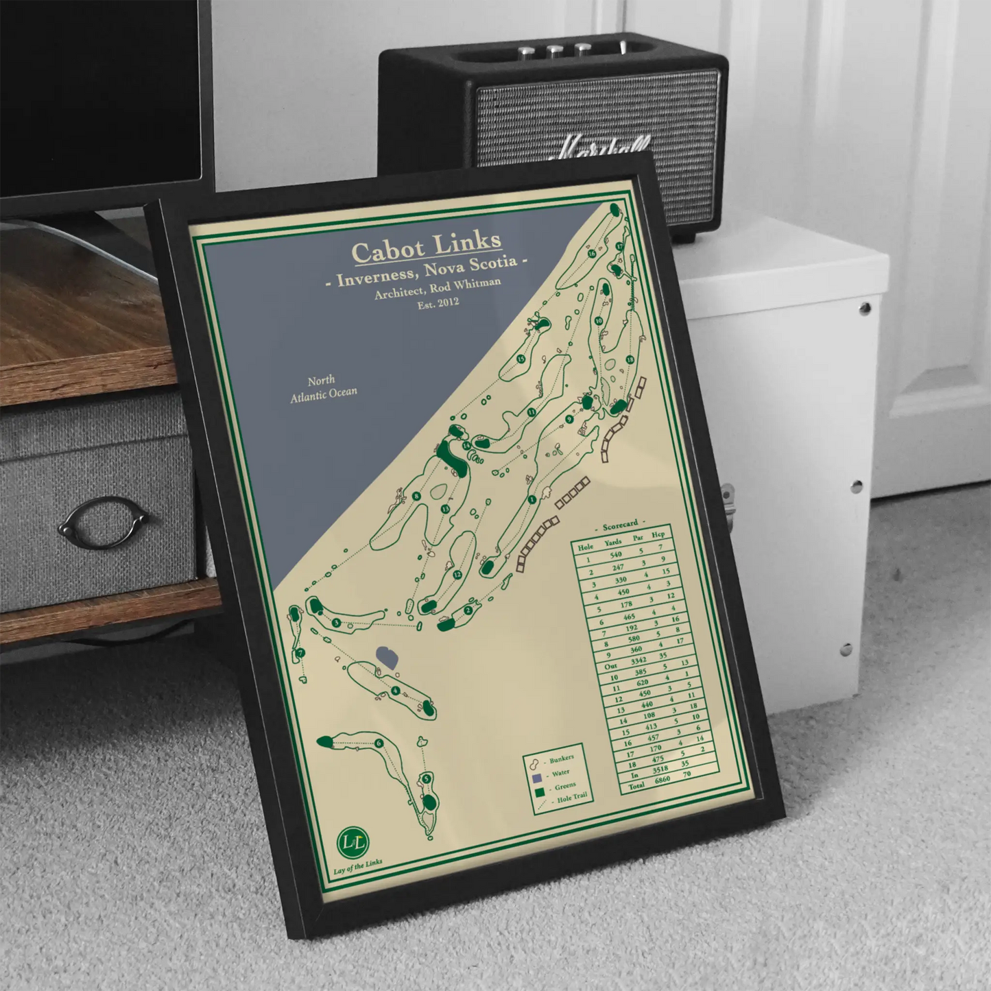 olf course map of Cabot Links in Inverness, Nova Scotia on a carpeted floor.