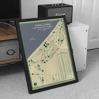 olf course map of Cabot Links in Inverness, Nova Scotia on a carpeted floor.