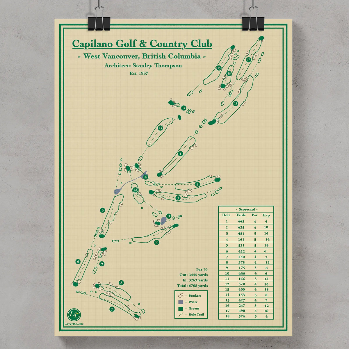 A vintage-style golf course map print for Capilano Golf & Country Club, located in Vancouver, BC