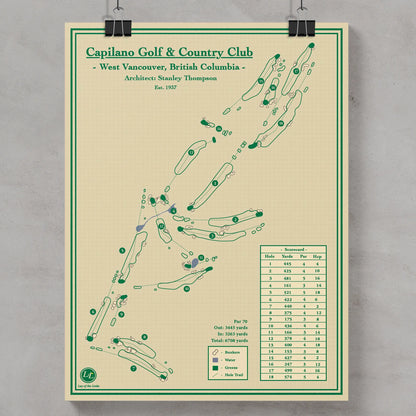 A vintage-style golf course map print for Capilano Golf & Country Club, located in Vancouver, BC